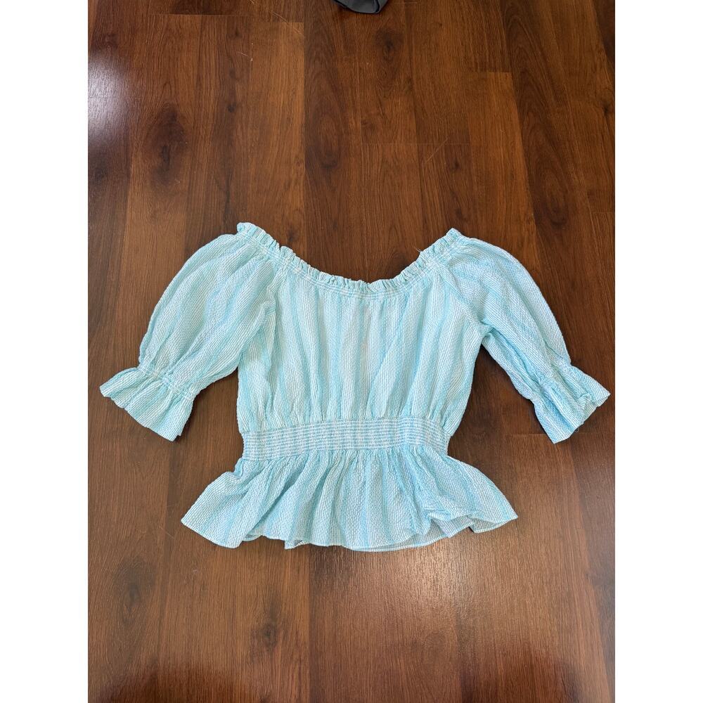 Intermix Off-Shoulder Smocked Peplum Blouse Blue Stripe Sz S Cotton Coastal Boho - Picture 2 of 7